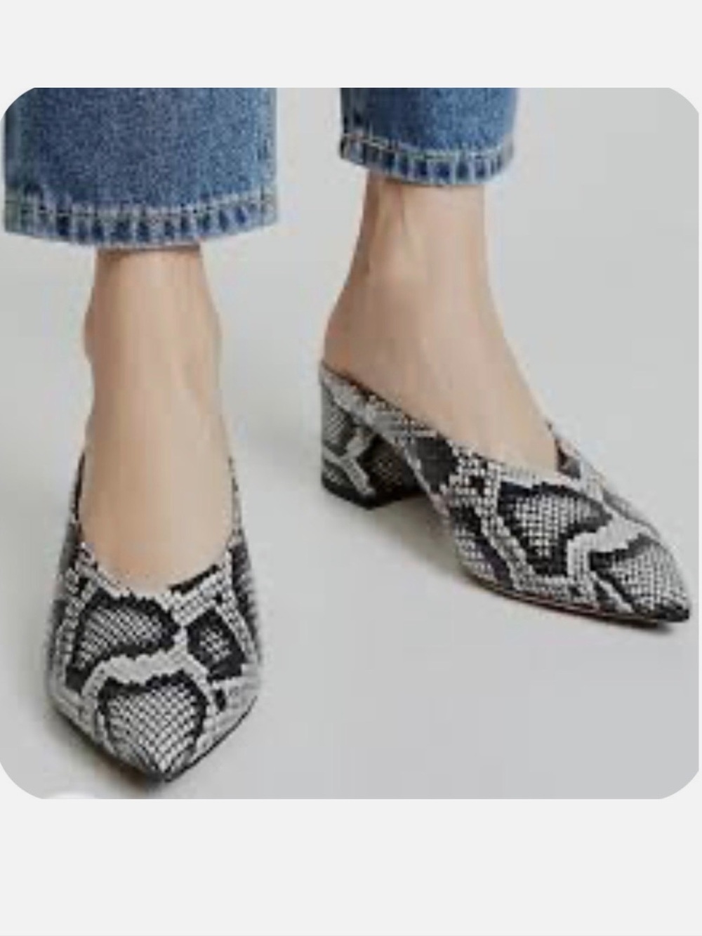 VINCE Ralston Pointy Toe Mule Block Heel in Black & White Snake Print